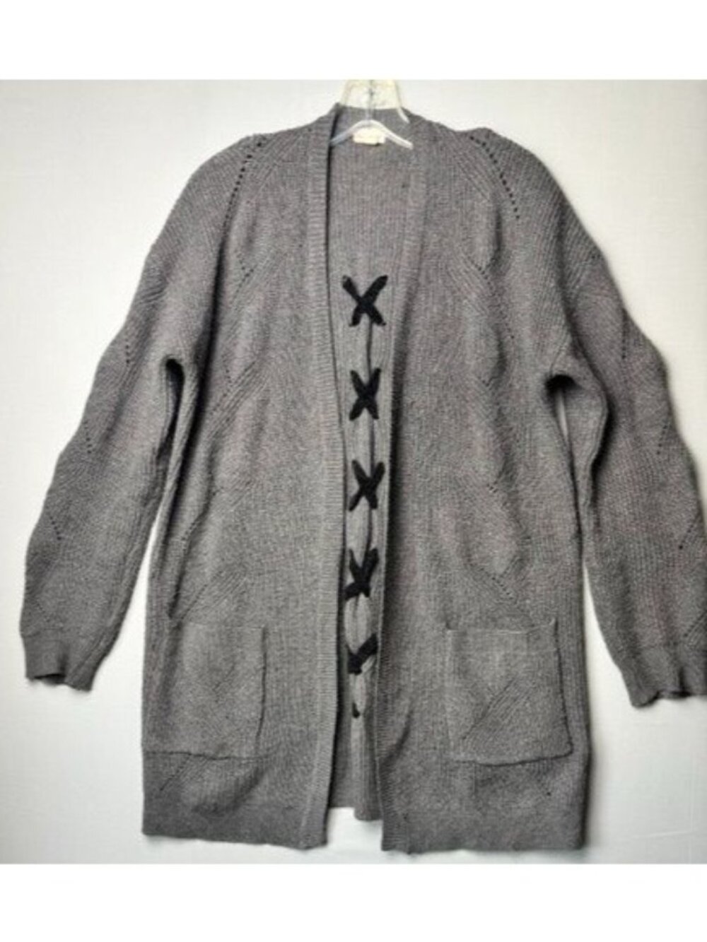 Hem & Thread Women's S gray Cable Knit Cardigan Sweater Lace Up Boho Long